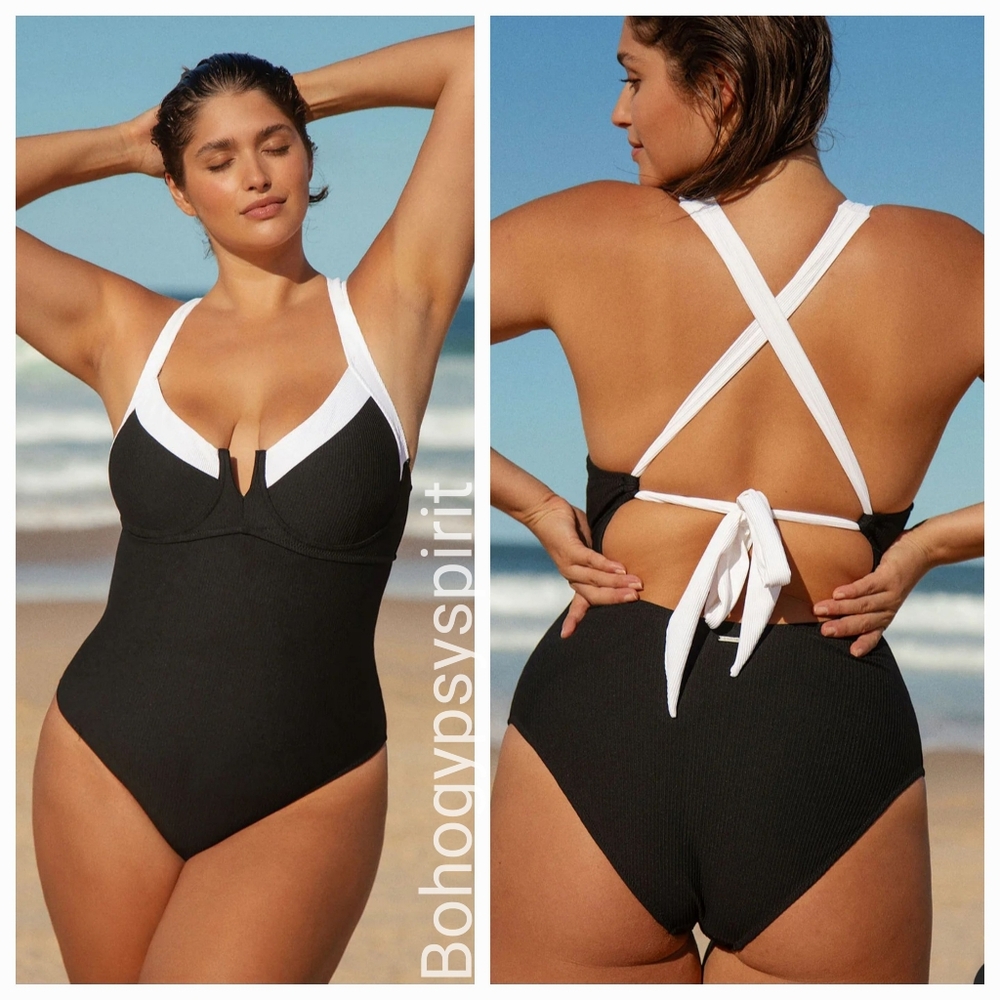 NWT Berlook Contrast Trim Tie Back One Piece Swimsuit, Size 20